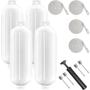 8.5 x 27 Inches Twin Eyes Ribbed Boat Fenders 4 Pack Boat Fenders Bumpers with Lines and Pump to Inflate for Docking
