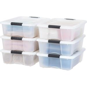 IRIS USA 27 Qt Stackable Plastic Storage Bins with Lids, 6 Pack - BPA-Free, Made in USA - Discreet Organizing Solution, Latches, Durable Nestable Containers, Secure Pull Handle - Pearl