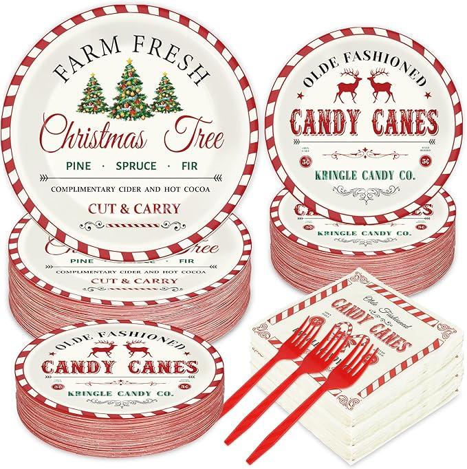 200Pcs Christmas Paper Plates and Napkins Christmas Old Fashion Tableware Set Xmas Tree Candy Canes Disposable Dinnerware Set Winter Holiday Birthday Party Supplies Decorations Serve for 50 Guests