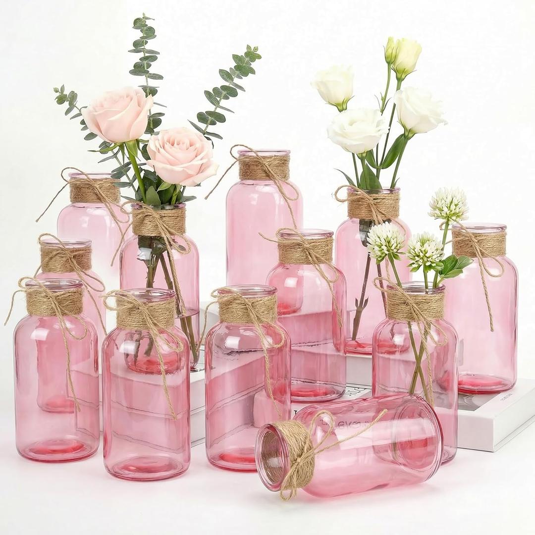 Mason Jars for Centerpiece, 12 Pack Vintage Farmhouse Glass Flower Vase Pink Bud Vases Bulk for Weddings, Parties& Home Decor