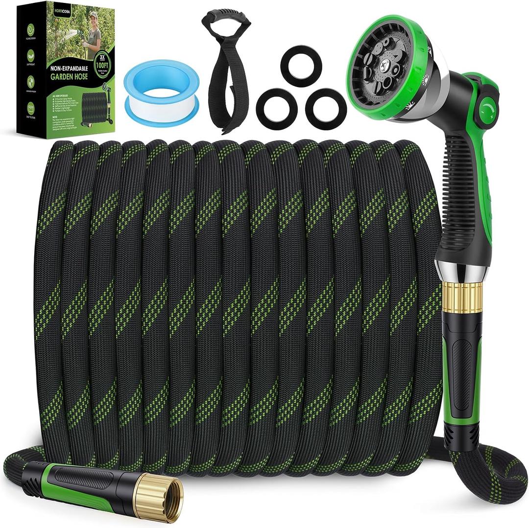 Garden Hose 100 ft, Non-Expandable Ultra-Lightweight Flexible Hose with 360 Dual-End Anti-Kink Design, 10-Pattern Spray Nozzle, 500 PSI Leak-Proof, 96-Strand Braided Fabric, Storage Strap