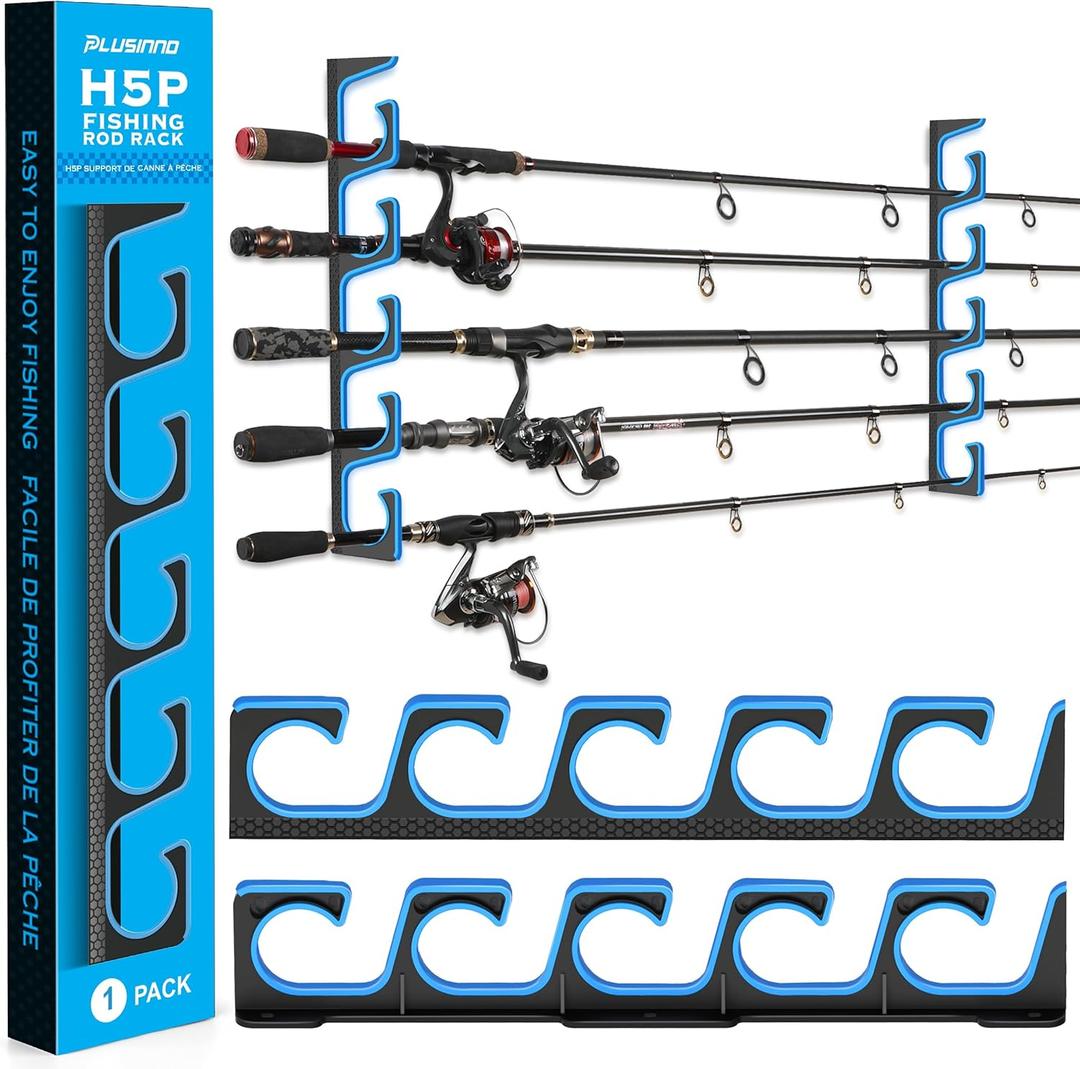 PLUSINNO H5P Fishing Rod/Pole Holders for Garage, Wall or Ceiling Mounted Fishing Rod Holder with Soft Protective Pad, Fishing Rod Storage Organizer Holds up to 5/10/20 Rod or Combos or Nets