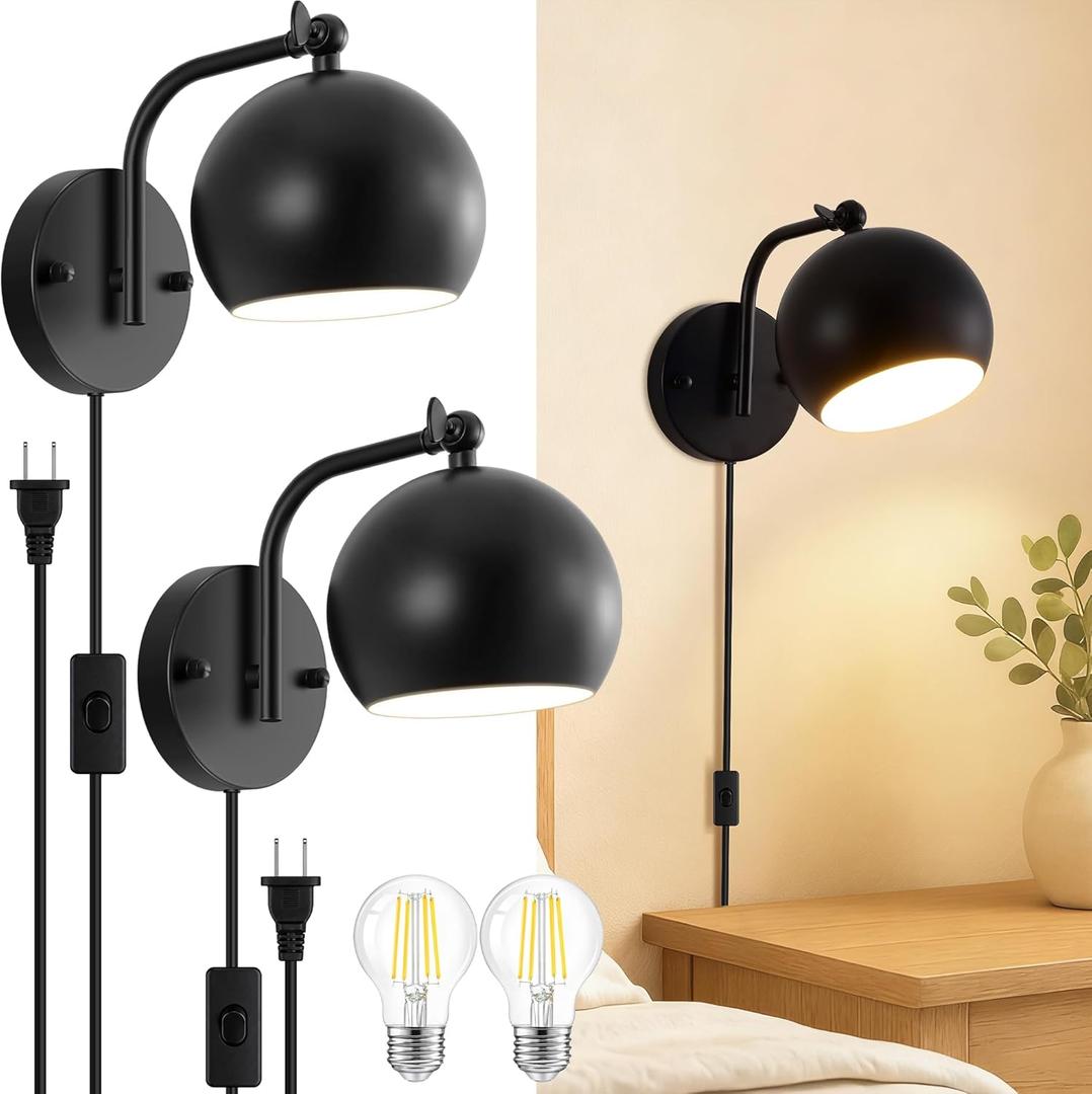 Plug in Wall Sconces Set of 2, Adjustable Angle Black Wall Lights with Plug in Cord & On/Off Switch, Bedside Wall Mounted Lamp with Globe Shade for Bedroom Living Room Bathroom(2 Bulbs Included)