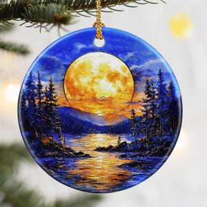 Christmas Ornaments, Dodosky 2.8in Ceramic Ornament, Xmas Decor, Christmas Tree Ornaments, Xmas Decorations for Tree, Holiday Ornament, Gift Ideas, Gifts for Women Men - Full Moon Over Forest Lake