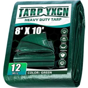 Green Heavy Duty Tarp 8x10 Feet, 12 Mil Thick Waterproof Poly Tarps Cover UV Resistant, Rip & Tear Proof with Metal Grommets Every 20 Inche