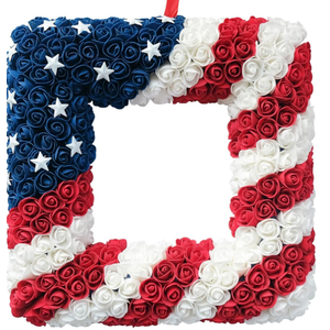 18 Inch Patriotic Red White Blue Large Size Square Shape Flower Wreath for Front Door, Forth of July American Flag Color Soft Touch Floral Wreath for Indoor and Outdoor, July 4th Wreath