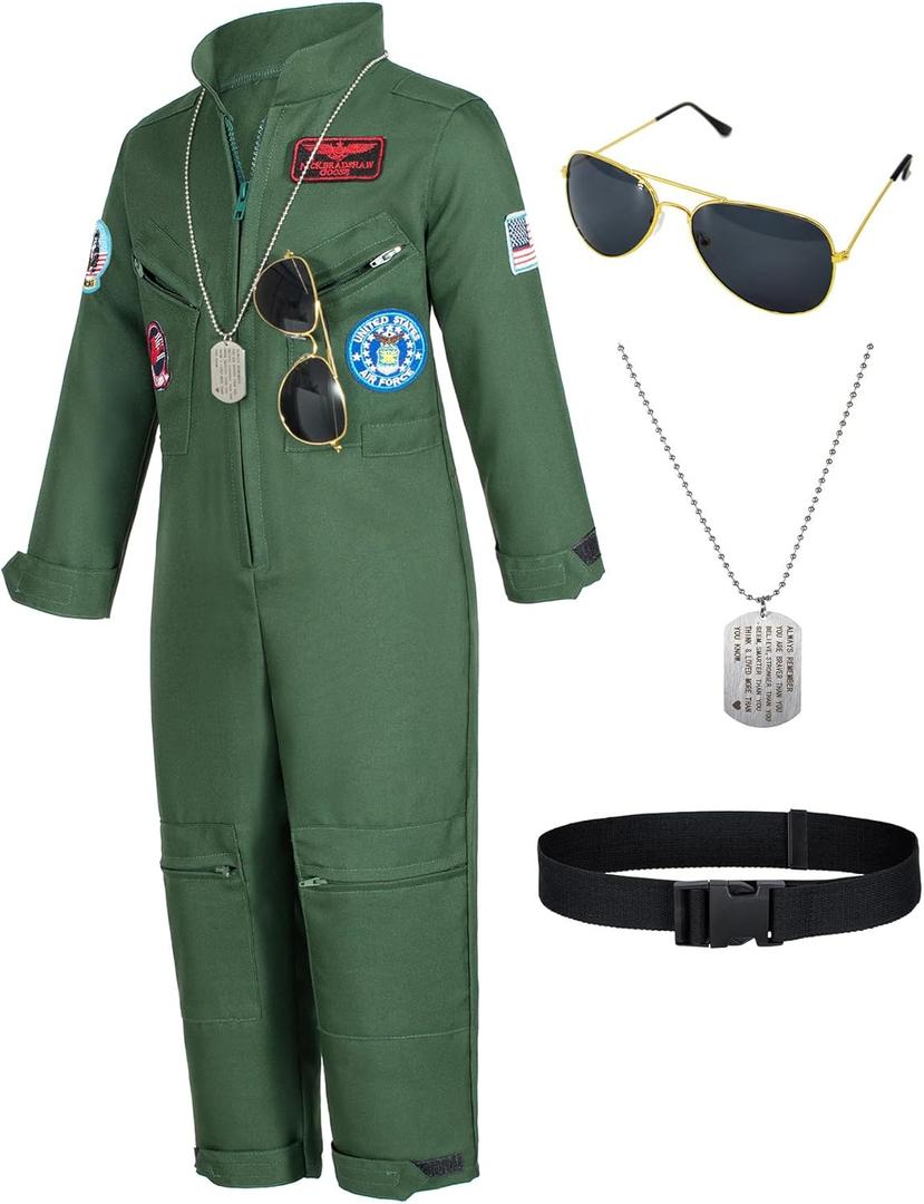 Kids Fighter Pilot Costume - Air Force Flight Suit Roleplay Dress Up with Aviator Accessories for Girls Boys (6-7 Years, Army Green)
