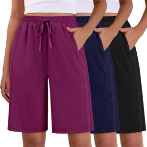 Evervibe 3 Pack Women's Bermuda Shorts Summer Drawstring Elastic Waisted Comfy Casual Sweat Long Shorts (X-Large, Black, Navy Blue, Fuchsia)