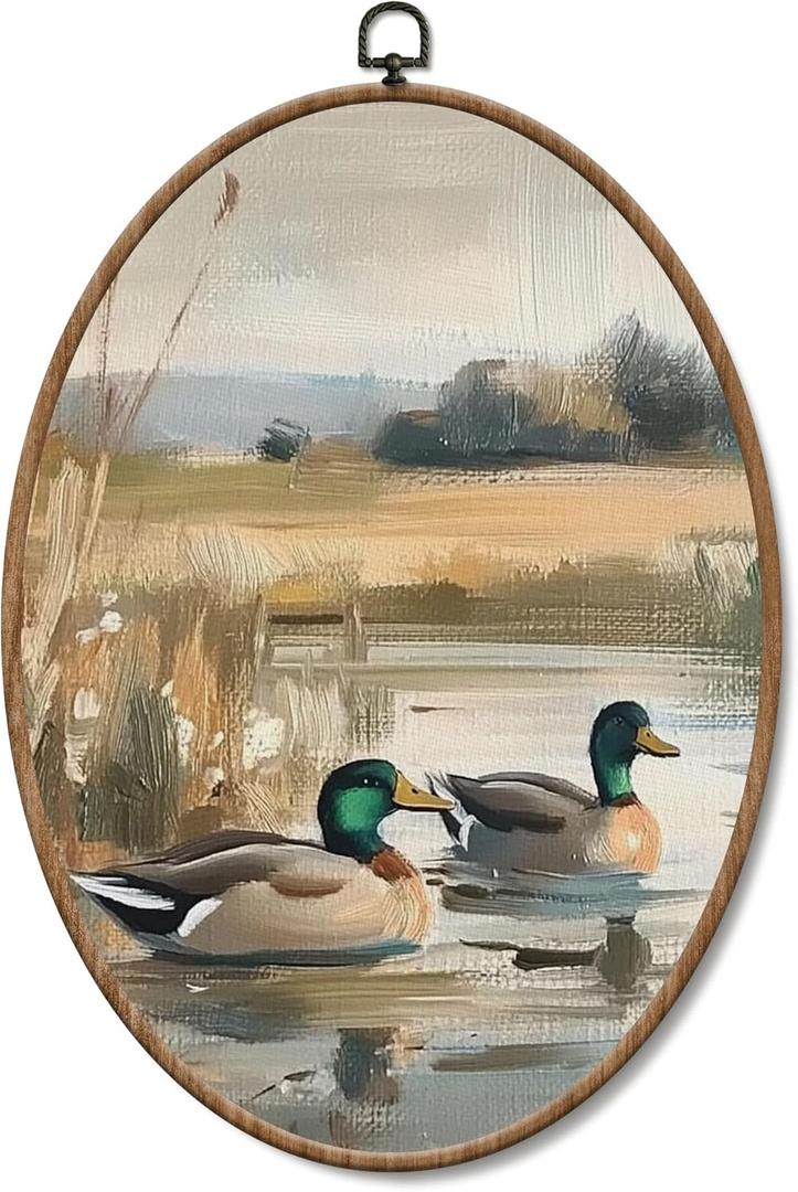 Yorhifa Vintage Mallard Duck Framed Wall Art, Countryside Lake Oval Wall Art, Wildlife Nature Pond Oval Walls Decor, Farmhouse Rustic Farm Animal Canvas Artwork Hanging Decor, 8.5x11.5 Inch (color_2)