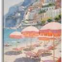 Vintage Pink Beach Umbrella Wall Art Posters Summer Beach Canvas Amalfi Coast Italy Landscape Minimalist Preppy Prints Painting For Home Bedroom Dorm Decor 8x12inch Framed (style-4)