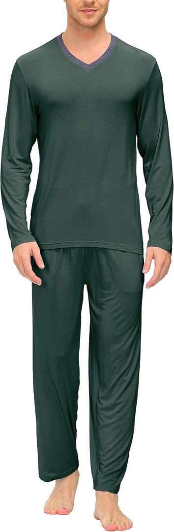 JINSHI Mens Pajamas Set Soft Mens Pjs Lounge Sets Lightweight Long Sleeve Sleepwear Nightwear With Pocket (Large, A8-dark Green)