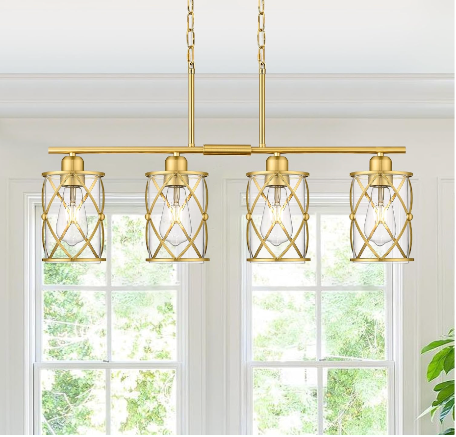 4-Light Kitchen Island Lighting, Modern Brushed Gold Dining Room Light Fixtures with Clear Glass, Farmhouse Industrial Linear Chandelier Pendant Light with Adjustable Chain, CH9176BG-4IS