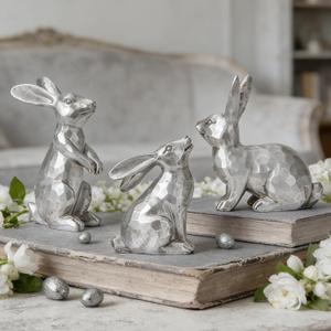 DN DECONATION Easter Bunny Figurines, Small Decorative Bunny Statue Set of 3, Easter Resin Rabbit for Vintage Tabletop Decor Home Spring Decoration Gift, Antique Silver Sculptures Decor