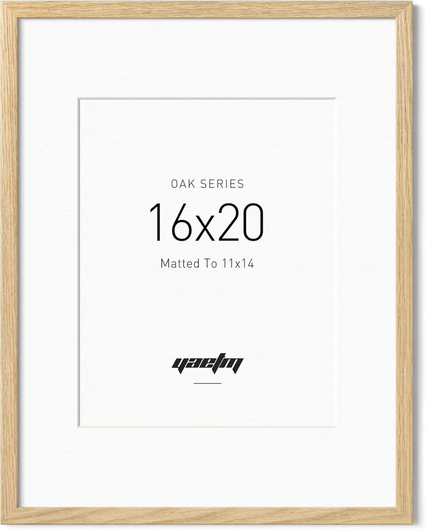 Yaetm Minimalist 16x20 Oak Picture Frame with Mat for 11x14, Natural Solid Oak Wood 16x20 Frame for Wall, Lightweight, Wall Mount, Single