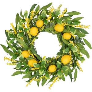 Lemon Wreaths for Front Door 20 inch Spring Door Wreath Small Artificial Wreath with Wildflowers Lemons for Spring Decor Greenery Wreath for Home Kitchen Wall Window Farmhouse Indoor Outdoor Décor