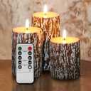 Eywamage Brown Pine Bark Flameless Pillar Candles with Remote, Farmhouse Battery Operated LED Wood Candles Set of 3