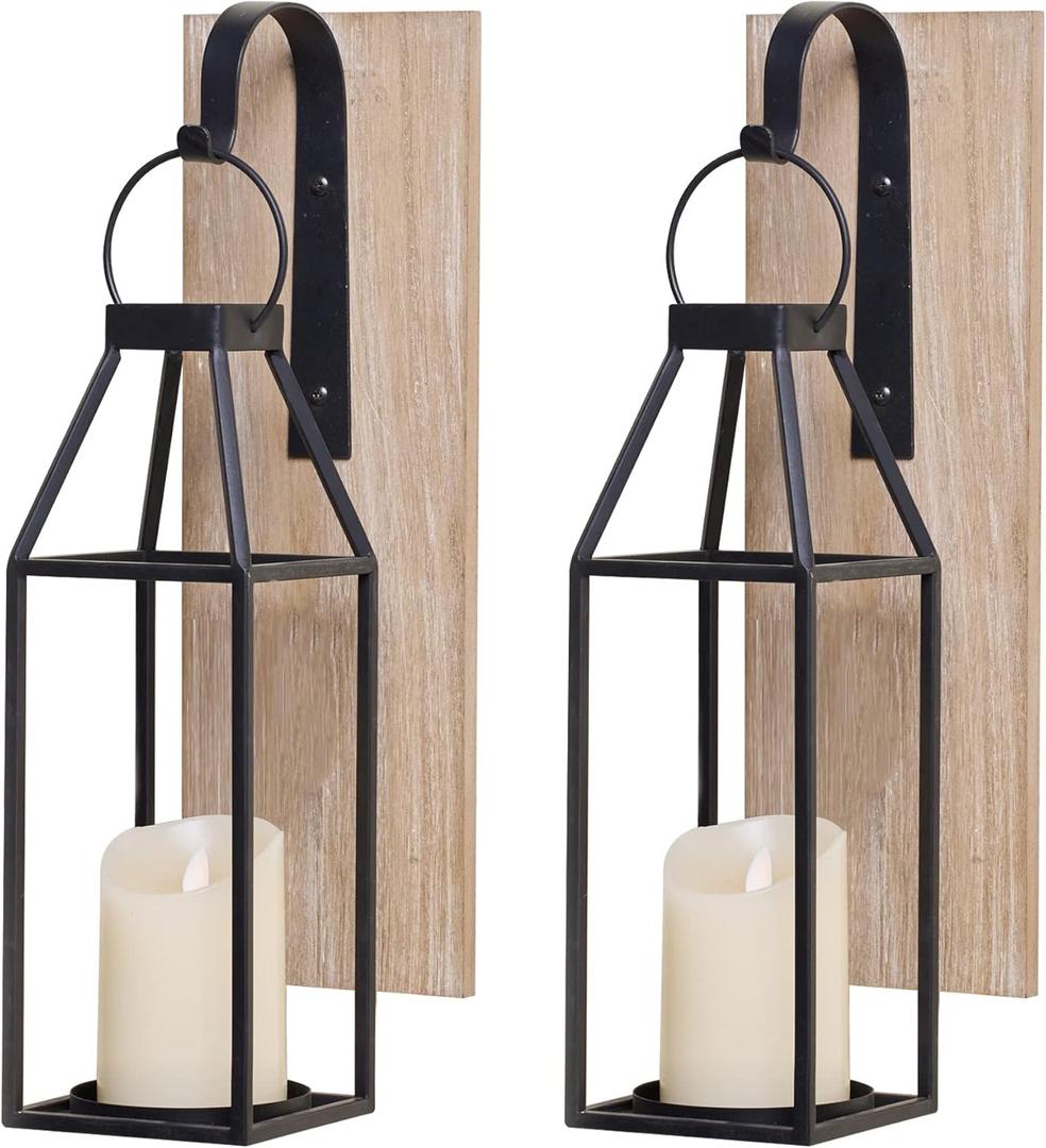 HPC Decor Set of 2 Wood and Metal Wall Sconce Candle Holders - LED Candle Wall Sconces for Porch, Living Room, Bathroom, Dining Room