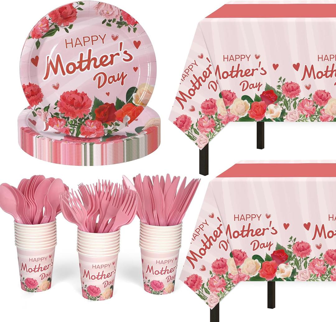 Childom Mothers Day Decorations for Party,132 Pcs Disposable Mothers Day Plates Tablecloth Cups Knives Spoons Forks for Party Supplies,Plates Tableware for Moms Birthday,Home,Brunch,Dinner,Serves 26