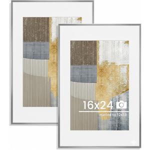 16x24 inch Metal Poster Frame - 16 x 24 Thin Aluminum Picture Frames Matted for 12x18 Photos, Artworks, Prints, Puzzle - High Definition Plexiglass - Vertical and Horizontal Display - Wall Hook Hanging Hardware Included - Black, Set of 1