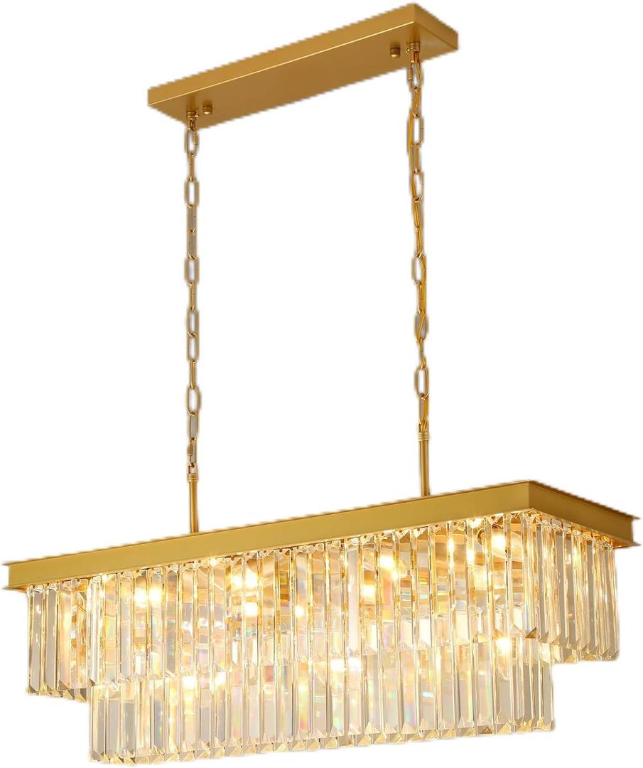 Weesalife Gold Crystal Chandeliers for Dining Room，11-Lights L33.5 Inch
Modern Rectangle Chandeliers for Dining Room Light Fixtures Over Table,Kitchen Island Bar，Adjustable Height ，E12 Base