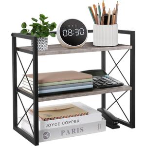 YINMIT Desktop Shelf Organizer, 2 Tier Office Shelves, Wood Desk Organizer Storage Rack and Freestanding Display Shelf for Office, Dormitory, Home (Grey)