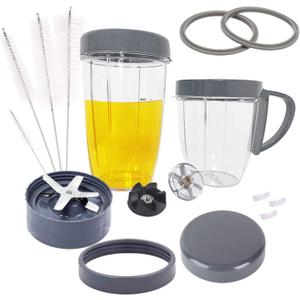 Replacement Parts for NutriBullet, 2 Cups, Extractor Blade, 2 Resealable Lids, 2 Gasket, 2 Gear, 3 Shock Pads, Lid Ring, Lid Ring with Handle & Cleaner Brush for Nutribullet 900W/600W (15-Piece)