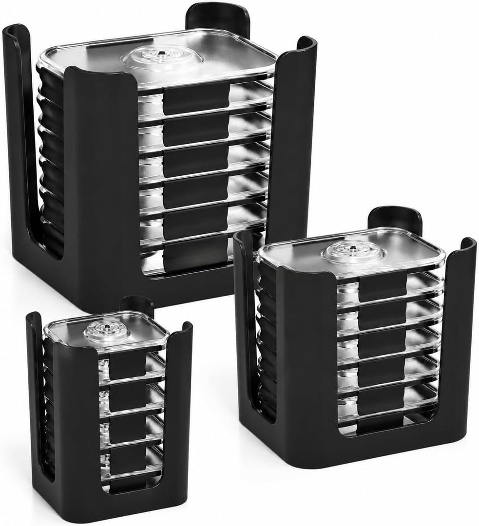 Black 3 Pack Food Container Lid Organizer for Rubbermaid Brilliance | Stackable Lid Holder for Kitchen Cabinet Storage & Pantry Organization, Fits 0.5, 1.3, 3.2, 4.7 Cup Lids, Holds 24 Lids