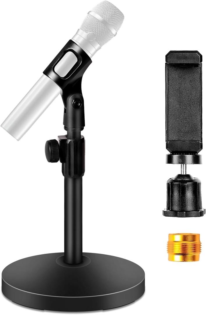 BILIONE Mic Stand Desk with Microphone and Cell Phone Clip, Upgraded Weighted Base, Adjustable Height, Condenser, Podcast, Mike Accessories, 5/8" Male to 3/8" Female Metal Adapter