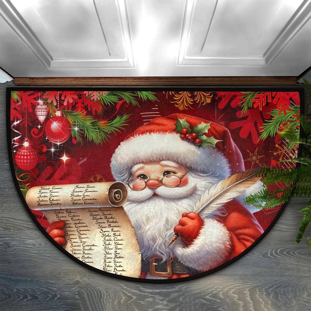 CuteDomi Christmas Santa Xmas Half Round Door Mat Non Slip Washable Semi Circle Area Rug Absorbent Soft Half Moon Rug Floor Mat for Indoor Outdoor Kitchen Bathroom Patio Front Door Mat Decor