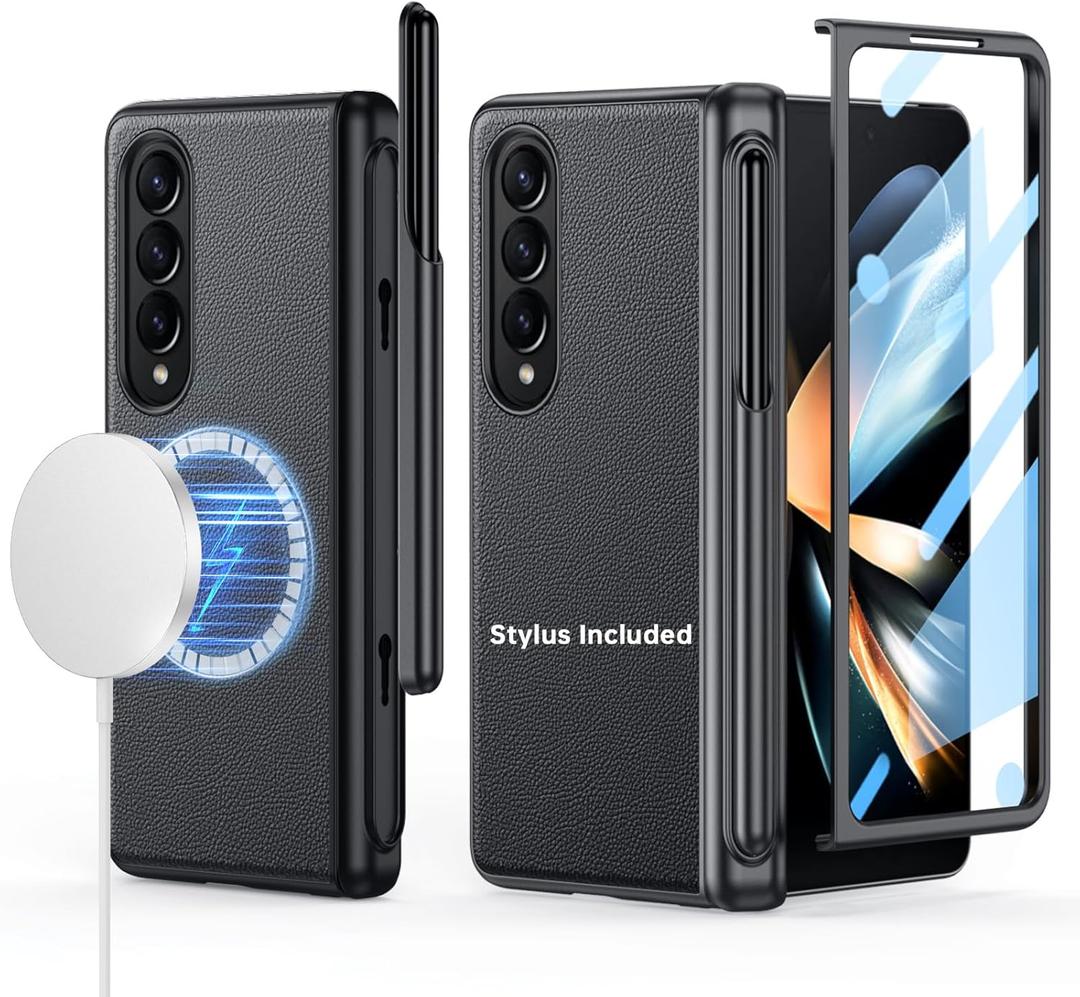 for Samsung Galaxy Z-Fold-4 Case, Support All Magsafe Accessories, Leather Back, Generic Stylus Include & Removable S Pen Holder, Hinge Protection, Screen Protector Cover 5G - Black