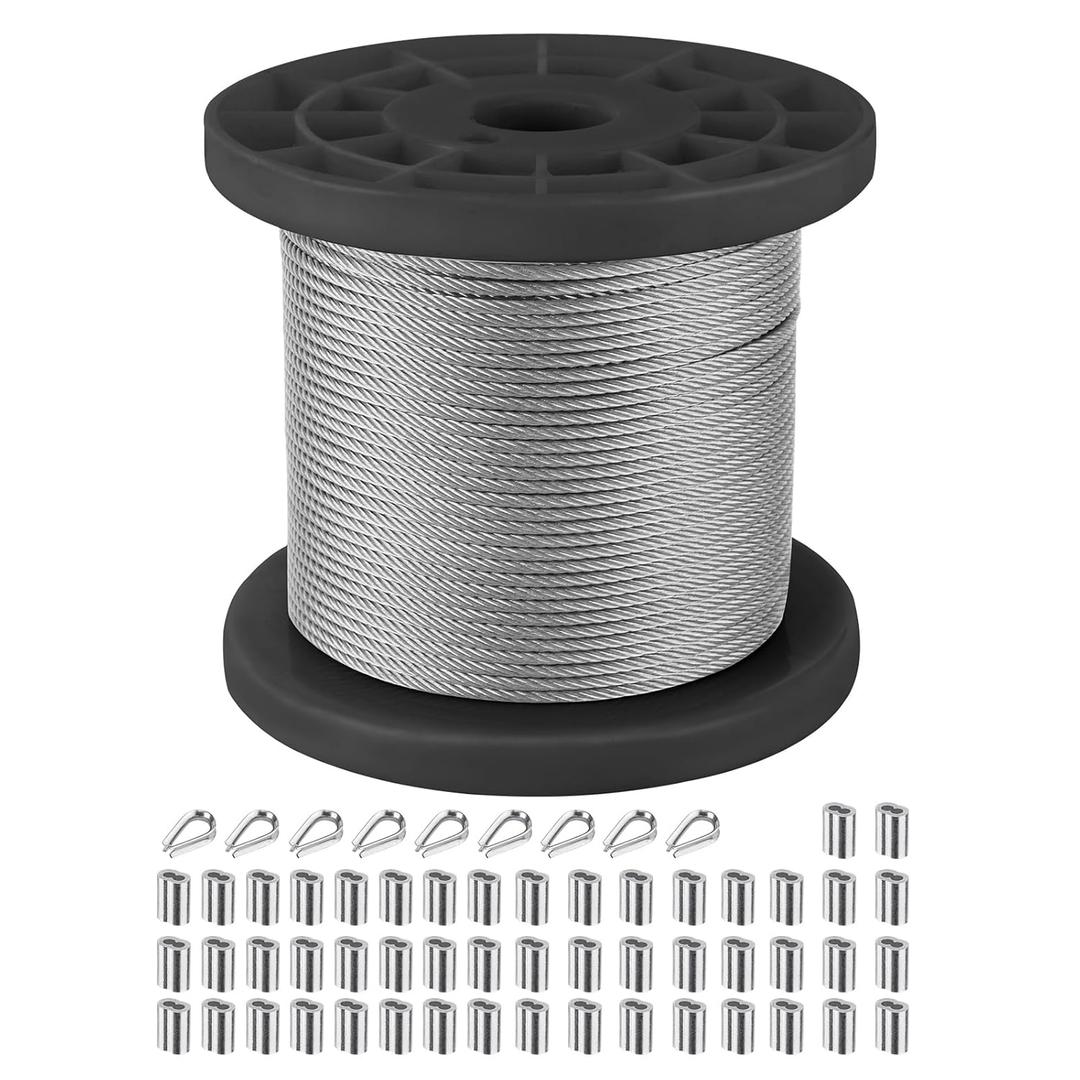 Wire Rope, 1/16 Wire Rope, 304 Stainless Steel Cable, Aircraft Cable, 328FT,Steel Wire, with Loop Sleeve and Steel Thimbles, Clothes Line Wires, Trellis Wire, 7x7 368lbs Breaking StrengthBlack axis