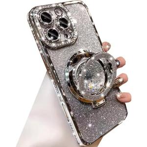 Changjia Glitter Kickstand Case for iPhone 16 Pro,Cute Luxury Bling Sparkly Diamond Rhinestone with Camera Protector Liquid Flowing Ring Stand TPU Bumper Women Girls Case for iPhone 16 Pro 6.3",Silver