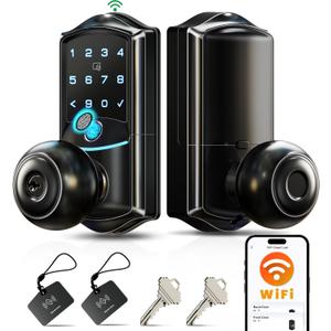 Veise VE028 Built-in Wi-Fi Smart Lock with Knob, Fingerprint Keyless Entry with Handle, App Remote & Voice Control, Electronic Digital Keypad for Front Door and Bedroom, IP65 Waterproof, Matte Black