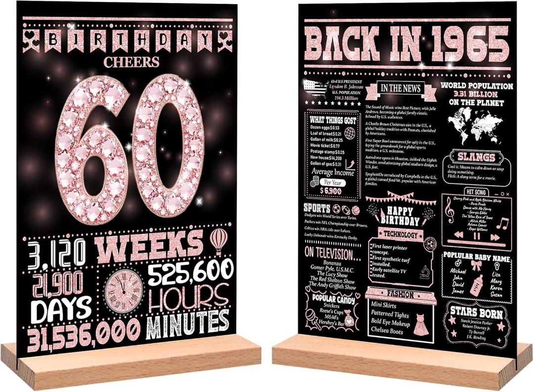 60th Birthday Party Decorations for Girl Boy, Sweet Back in 1965 Birthday Decor Poster Acrylic Table Sign, 60th Birthday Party Supplies, Double-Sided