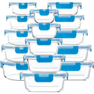M MCIRCO 30 Pieces Glass Food Storage Containers with Upgraded Snap Locking Lids,Glass Meal Prep Containers Set - Airtight Lunch Containers, Microwave, Oven, Freezer and Dishwasher Friendly, Blue