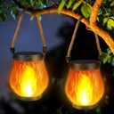 Solar Flame Lantern Hanging Outdoor Waterproof - 2 Pack Flame Lanterns with Dual Charging Modes of Solar & USB for Garden or Yard Christmas Decorations (Warm White - 2 Pack)
