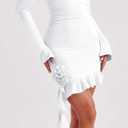 GOKATOSAU Women's Off The Shoulder Long Sleeve 3D Flower Ruffle Hem Bodycon Party Mini Dress White (Small, White)