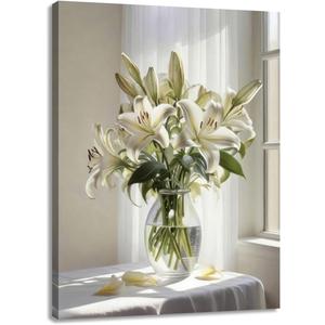 Woxfcart White Lily Canvas Wall Art, Floral Wall Decor for Gray Living Room Bedroom, Modern Minimalist Flower Print, Ready to Hang, 24 x 32 Inch