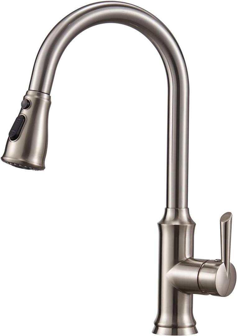 Kitchen Sink Faucet, Peppermint 3 Hole Faucet for Kitchen Sink with Pull Down Sprayer Fingerprint Resistant Single Handle Commercial Kitchen Sink Faucet with Nylon Hose, Brushed Nickel