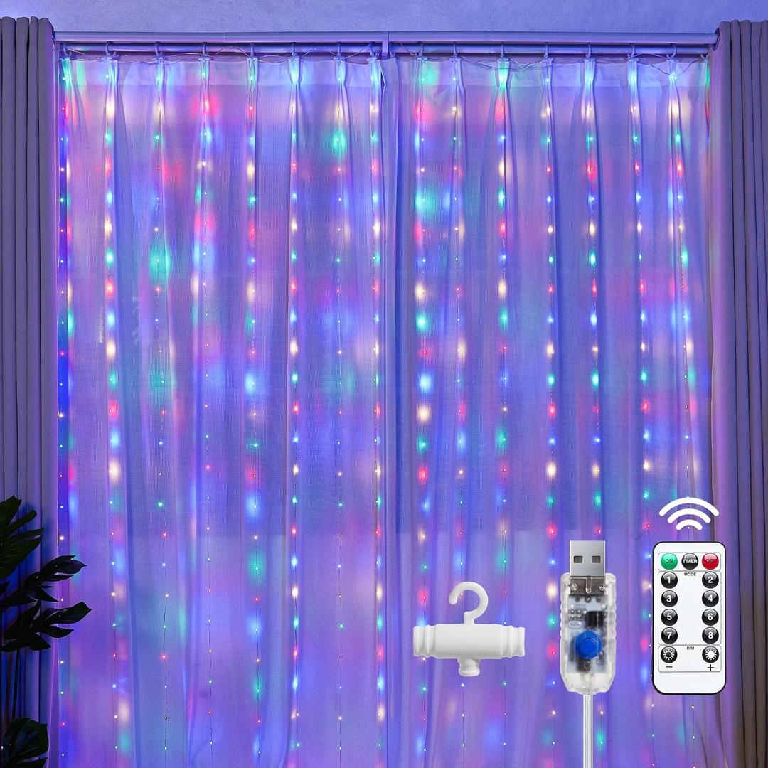 Brightown 300 LED Fairy Curtain Lights, Curtain String Lights, USB Plug in 8 Lighting Modes Christmas Decoration, Hanging Lights with Remote for Bedroom Indoor Weddings Dorm Multicolor 1 Pack