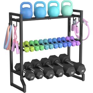 VOPEAK 3-Tier Adjustable Dumbbell Rack, 31-Inch Weight Rack for Home Gym with 4 Hooks, Home Gym Storage for Kettlebells, Space-Saving Dumbbell Stand - 400LB Capacity (Rack Only)
