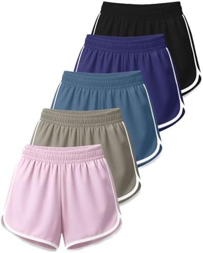 Real Essentials 5 Pack: Women’s Dry-Fit Dolphin Shorts – Athletic Running Workout Gym Lounge Active Casual, Standard, Large, Set 1