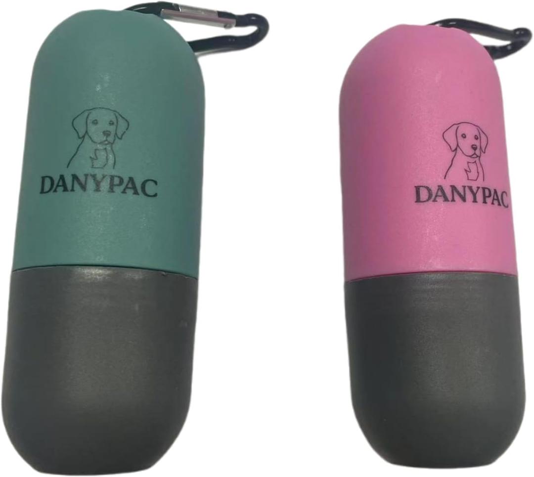 Dog Poop Bag Dispenser with LED Light, Green Plastic Capsule, Waterproof, 2 Pack with Waste Bags and Carabiner Clip (Pink Cyan)