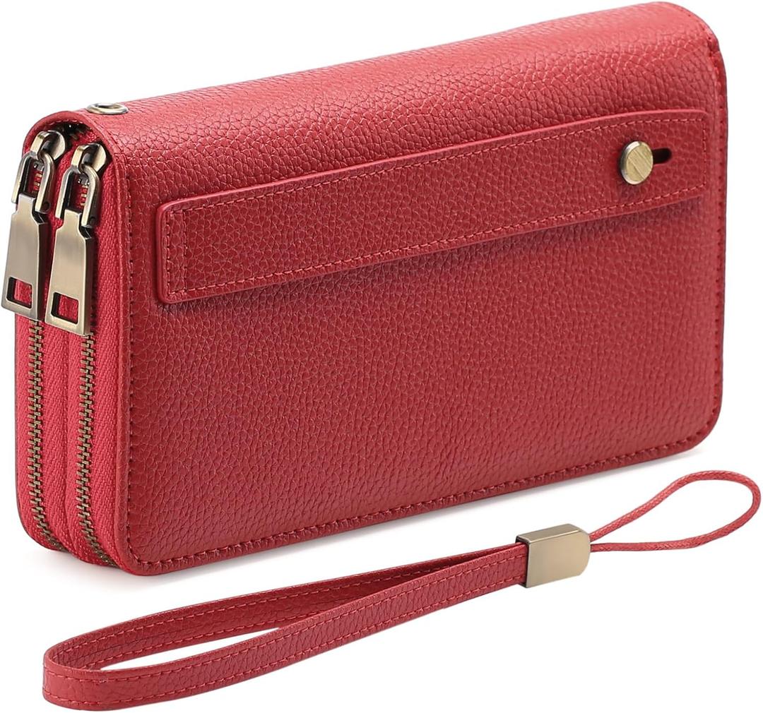 GAEKEAO Wallet for Women Clutch RFID Blocking Wristlet Leather Purse Large Capacity Credit Card Holder with Grip Hand Strap (A18 Lychee Red)
