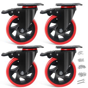 5 Inch Caster Wheels with Brake, Casters Set of 4 Heavy Duty 2000LBS, Safety Dual Locking Industrial Casters, Polyurethane Foam No Noise Wheels for Cart, Workbench(Two Hardware Kits Provided)