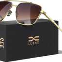 LUENX Mens Women Polarized Sunglasses Aviator, Square Polygon Lens Driving UV 400 Protection With Accessories 58mm Small (Gradient Brown Lens/Gold Frame)