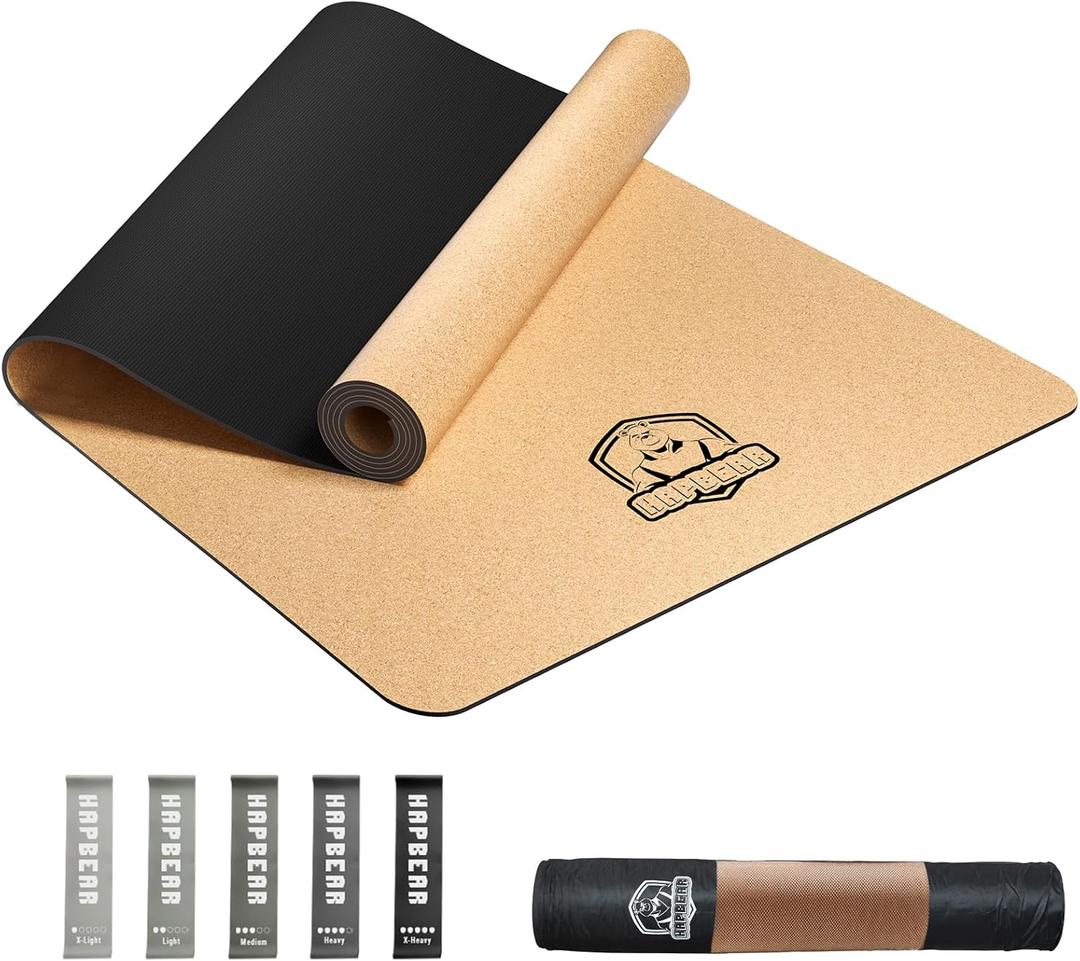 HAPBEAR Large Cork Yoga Mat - 72"x36" Wide Non-Slip for Home Workout, Yoga, Pilates & Stretching - 6mm Cushioned Support - Eco-Friendly & Durable - Bonus Resistance Bands & Carry Bag Included (Yellow)