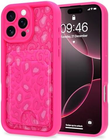 MZELQ Compatible with iPhone 16 Pro Case Silicone Card Holder, Cute Pattern Leopard Cheetah Cover for Girls Women -Hot Pink 
