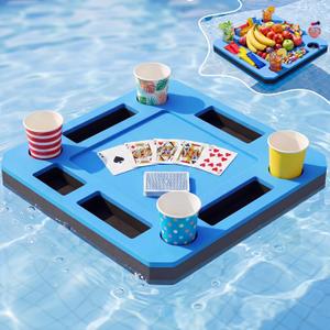 Honeydak Summer Floating Foam Pool Game or Card Table Durable Closed Cell Foam Water Lounge Tray with 4 Cup Holders & Storage 19.7" Square No Inflate for Adults Pool Party & Beach