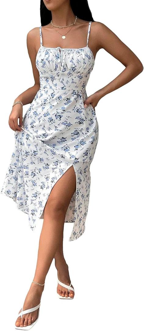 Floerns Womens Summer Split Thigh Spaghetti Strap Cami Midi Floral Dress White Blue Floral Large